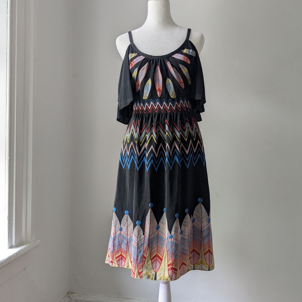 Tibi Black Multicolor 100% Silk Feather Print Cold Shoulder Dress Size 4